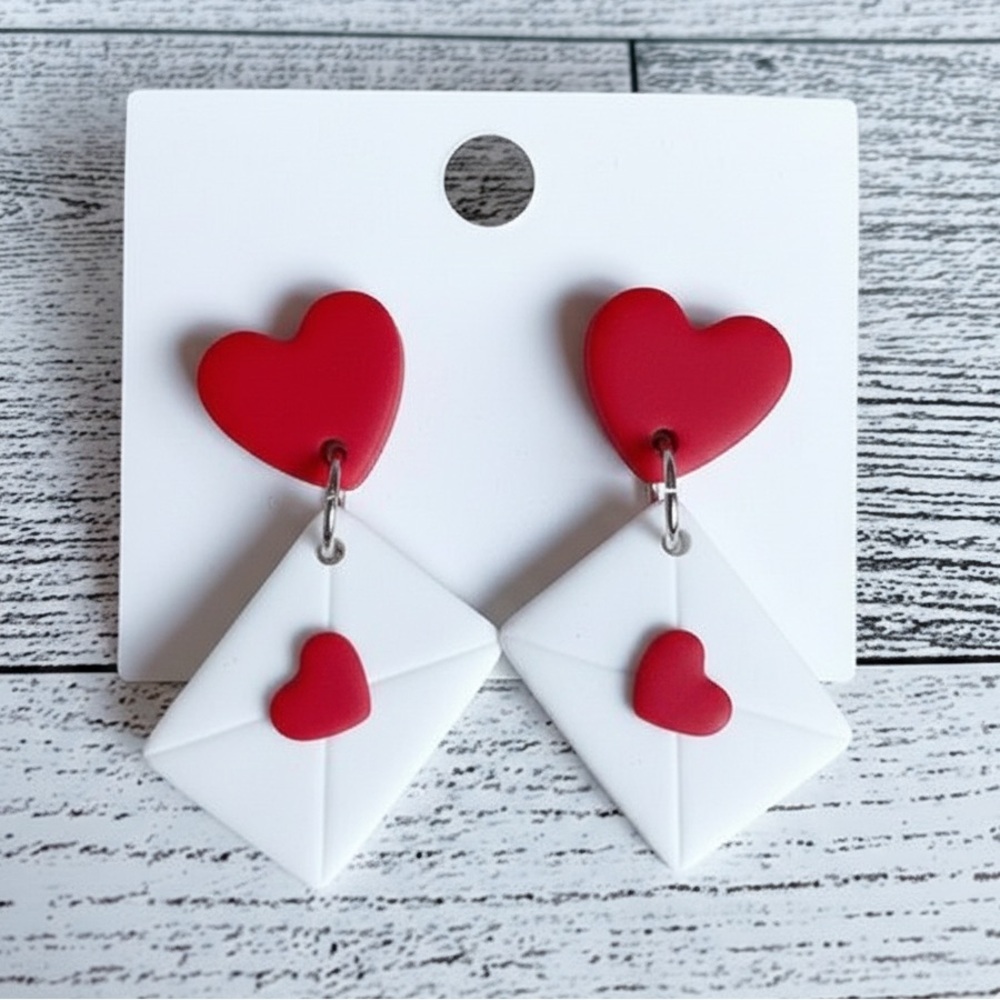 Heart Envelope Love Letter Studs - Handmade Clay Earrings - Red